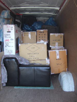 sofa and boxes